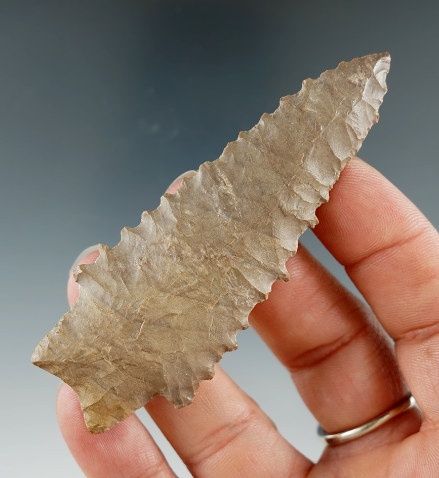 3 3/8" Serrated Kirk Stemmed made from Ft. Payne Chert, found in Lauderdale Co., Alabama.