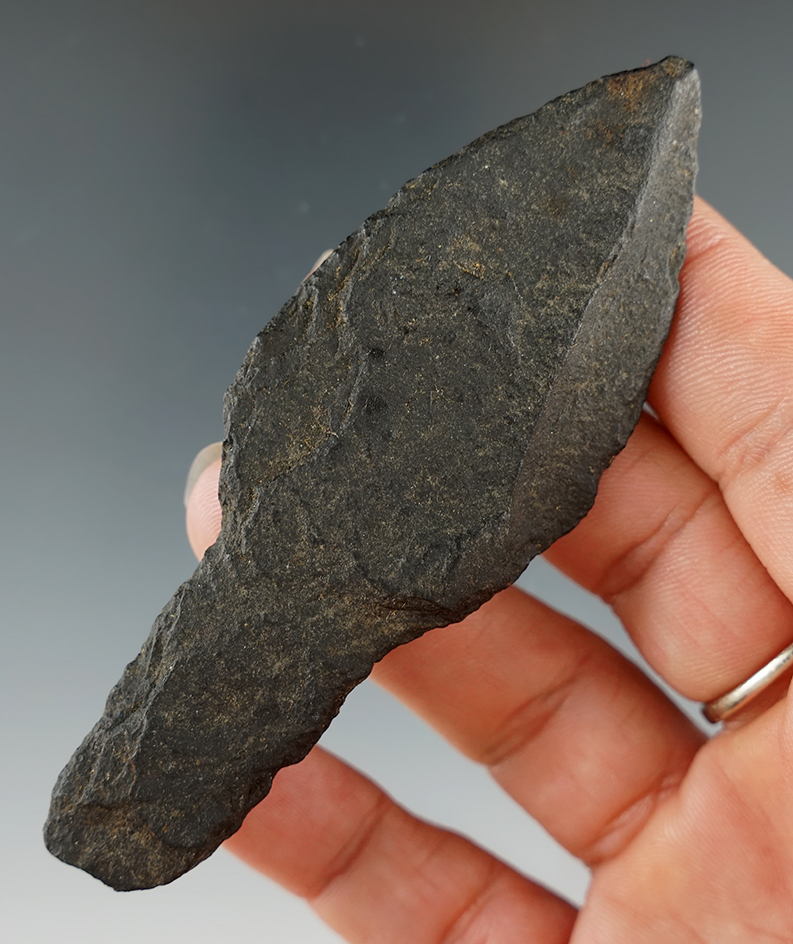 3 11/16" Whale Knife made from Basalt. Found by V. Berge on St. Lawrence Island, Alaska.