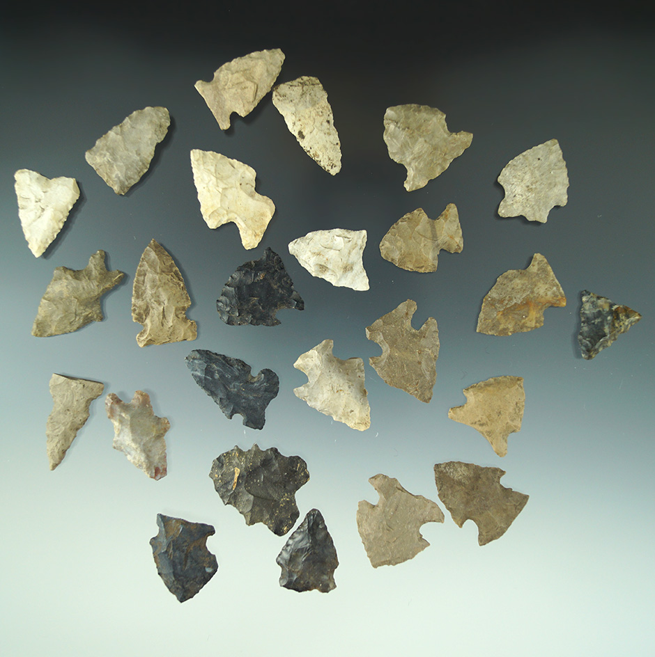 Set of 25 assorted arrowheads found in Michigan, largest is 1 3/16".