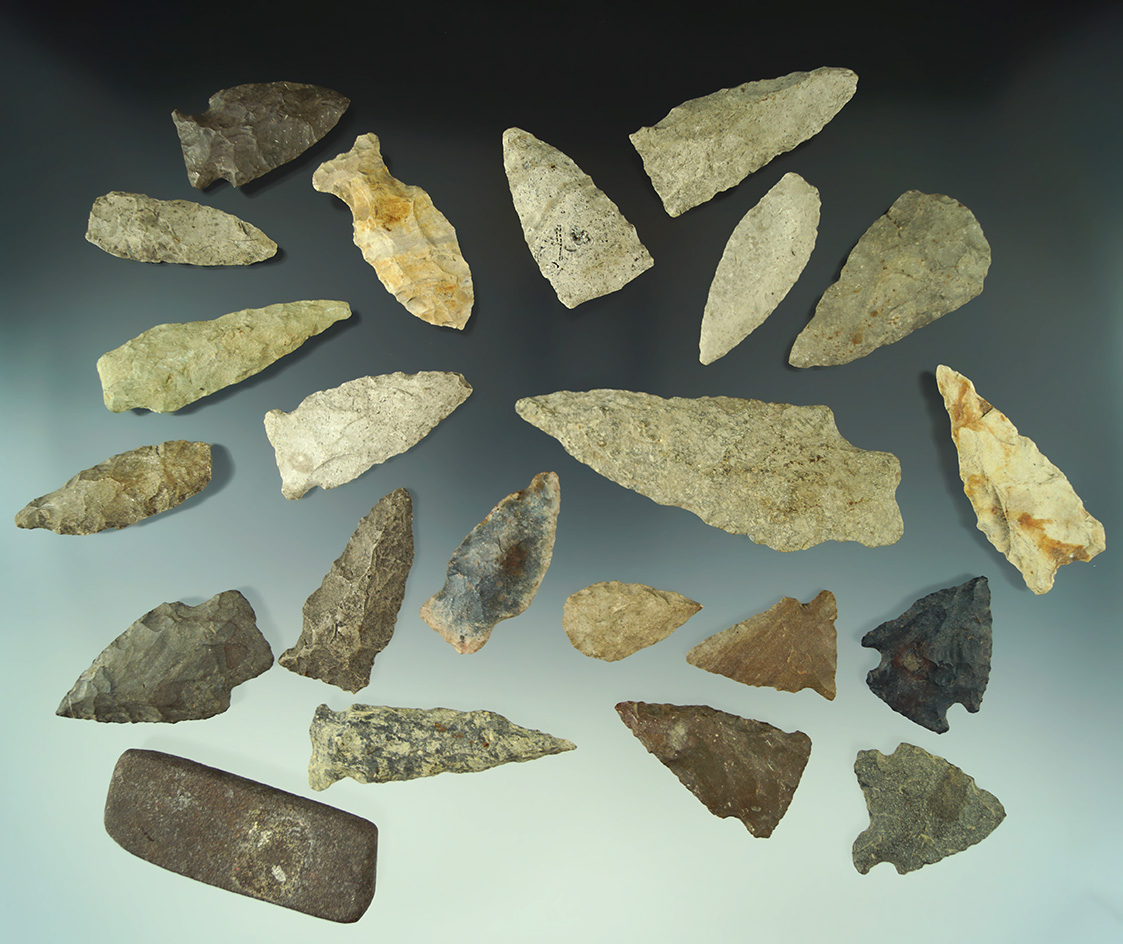 Set of 22 assorted arrowheads found in Michigan, largest is 3 5/16".