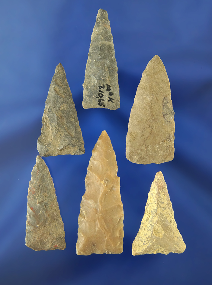 Set of six large Triangle Arrowheads, largest is 1 11/16" found in Greenup Co., Kentucky.