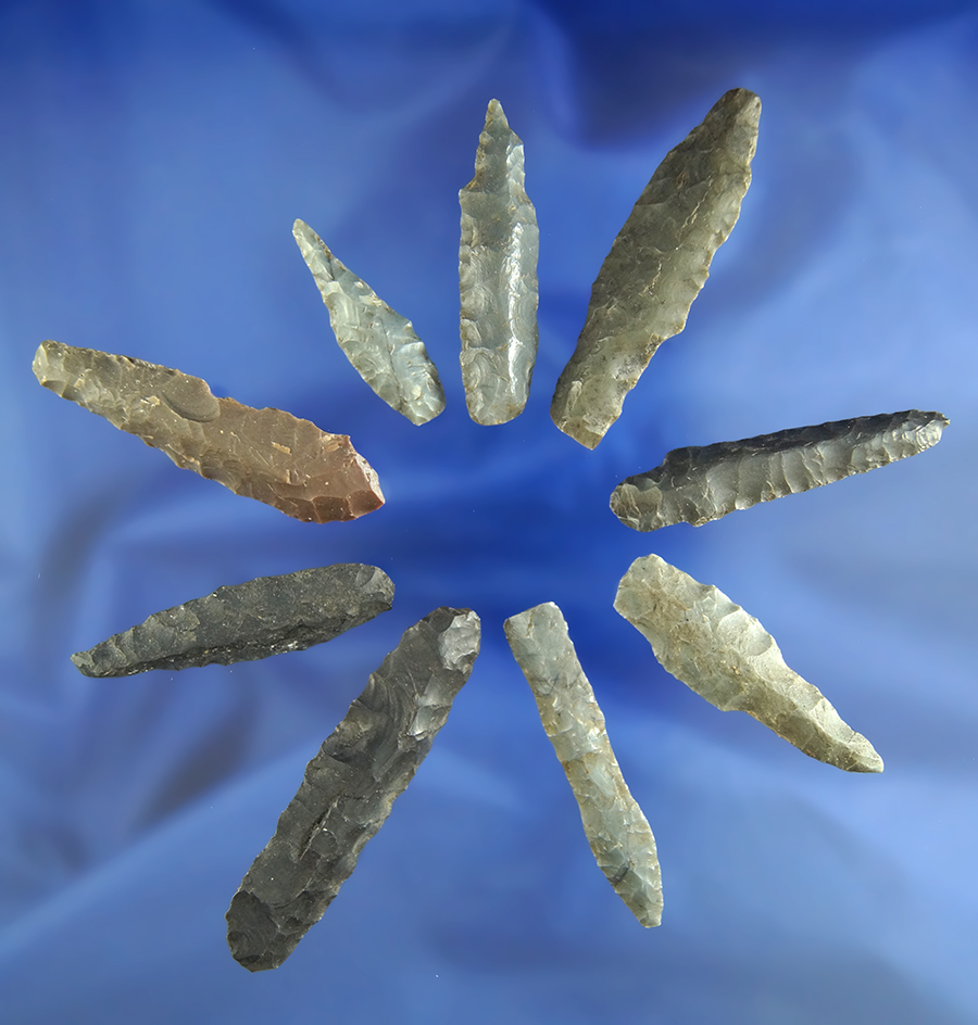 Hard to find! Nice set of nine assorted drills and projectile points from Alaska. Largest is 2 3/8".