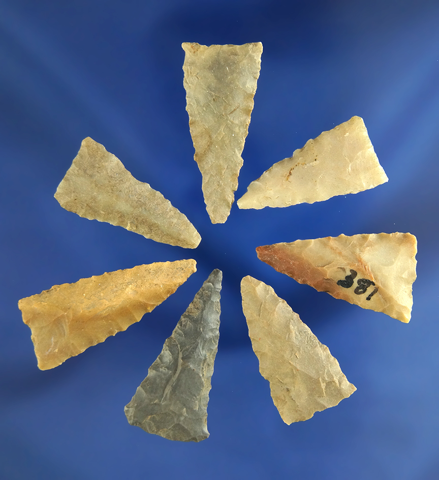 Set of eight well made Triangle points found in Greene Co., Kentucky, largest is 1 3/8".
