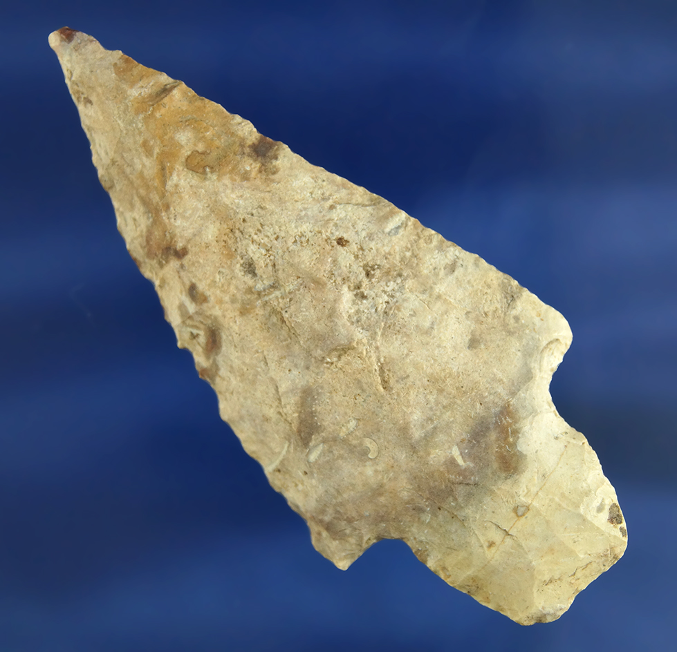 3 3/16" heavily patinated, well flaked and nicely beveled Hidden Valley found in Missouri.