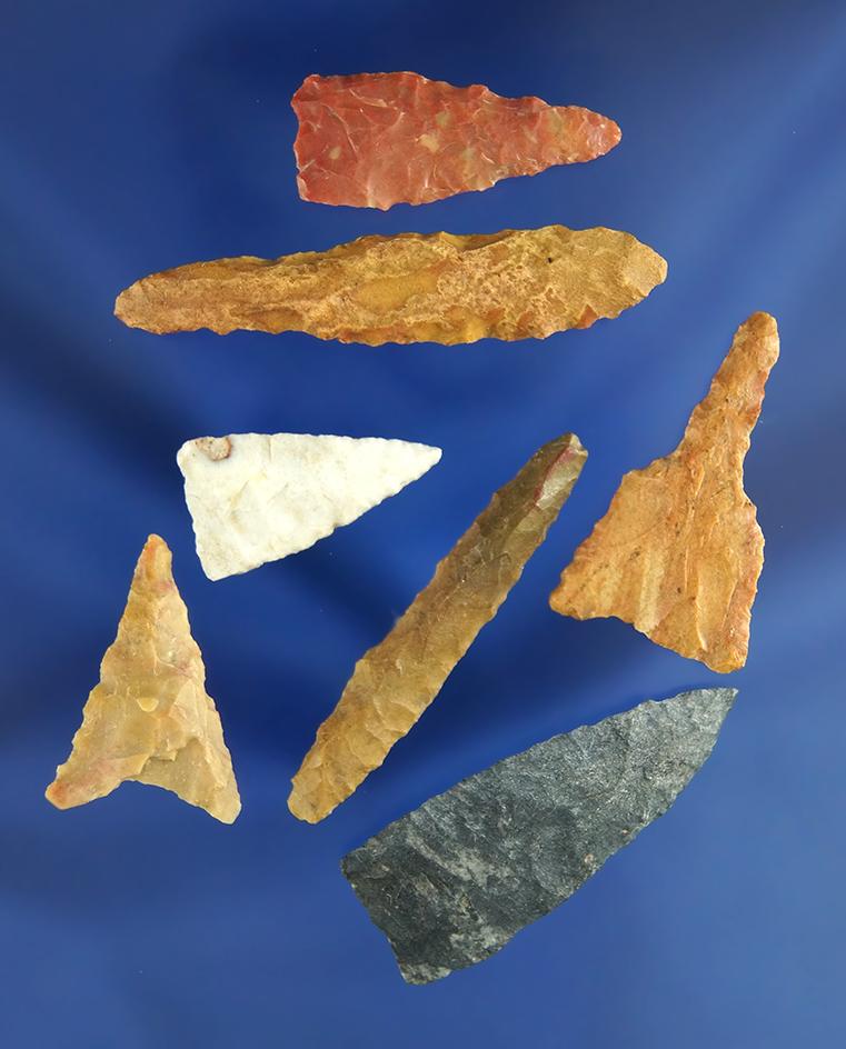 Set of Midwestern artifacts including three Madison Triangle points and five drills.