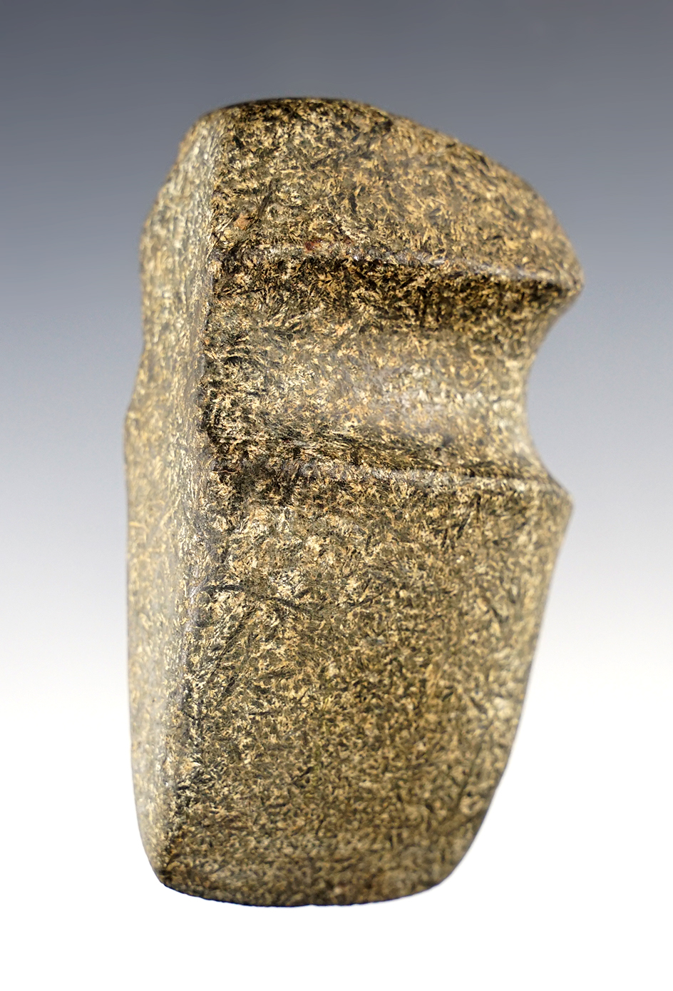 Well defined 3 3/8" long 3/4 Groove Axe made from Straw Granite. Found in Fulton Co., Illinois.