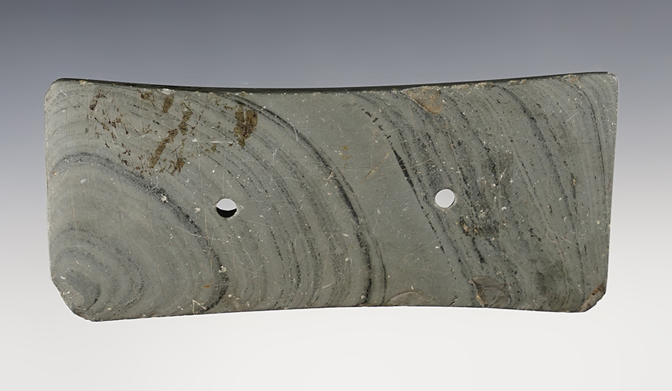 5 3/8" Banded Slate Rectangular Gorget that is heavily engraved. Found in Pennsylvania.