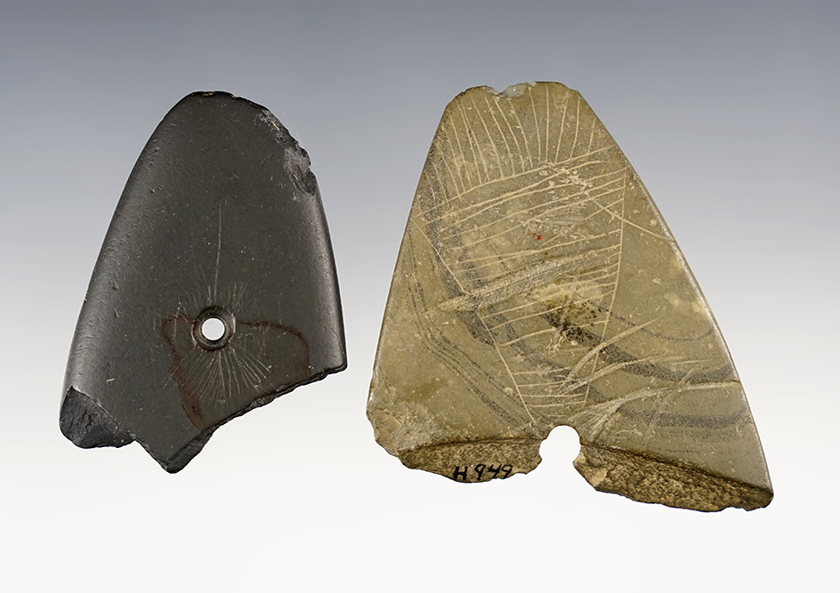 Pair of highly engraved slate artifacts. Including a black Slate Gorget Section that is 2 1/4".