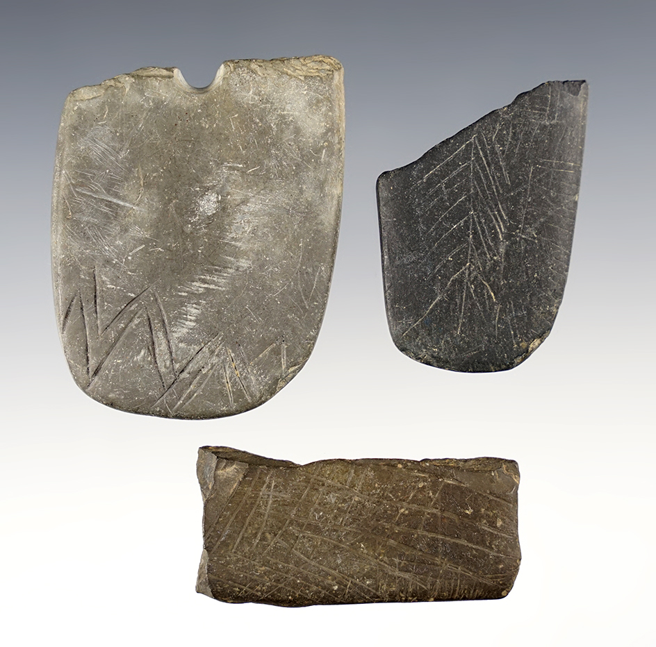 Set of 3 highly engraved pendant sections, largest is 2 3/16" and was found in Belmont Co., Ohio.