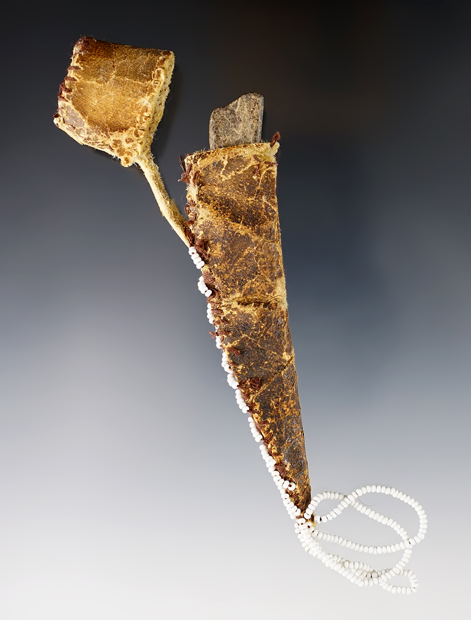 Rare! 4 1/2" Leather Awl Case with white Seed Beads with original bone awl and original lid. 