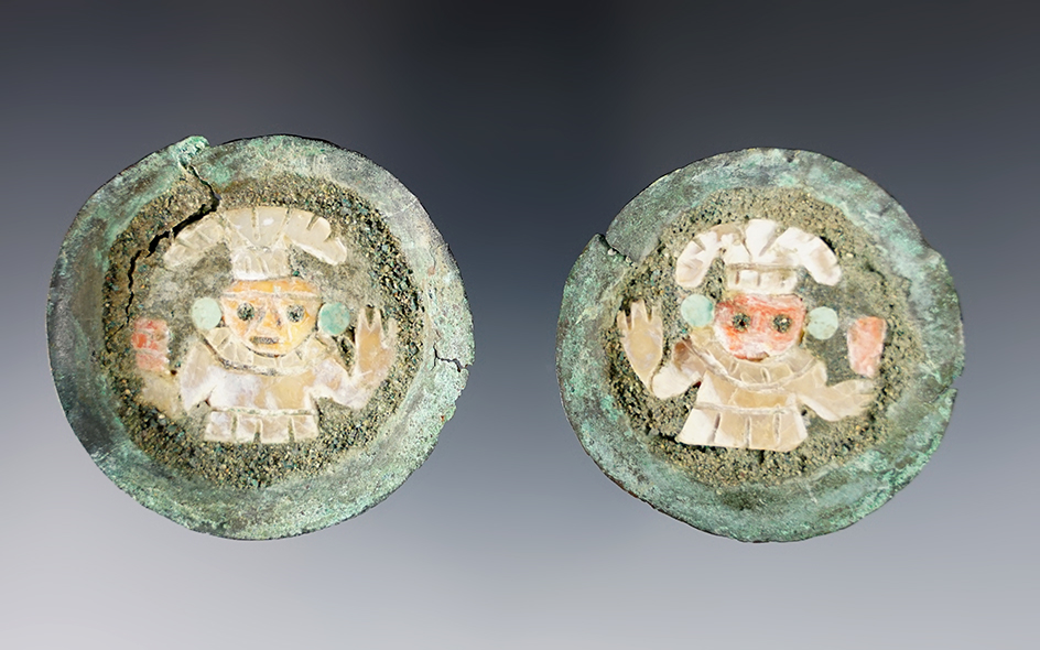 Very rare! Matched set of Moche Culture Copper Ear Ornaments with intricate cut shell image. 