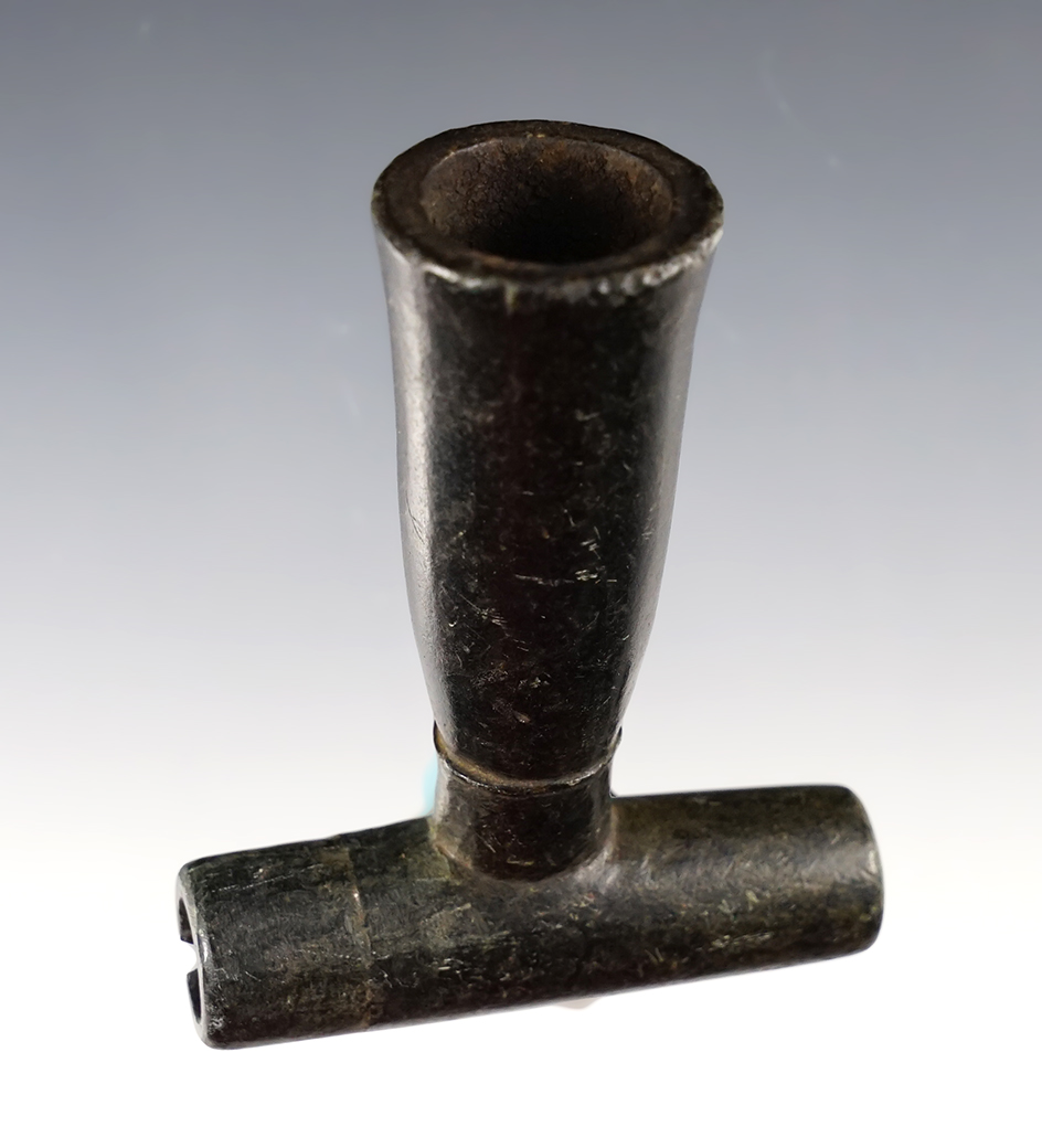 2 13/16" tall Protohistoric Pipe made from Steatite. One small piece broken and glued.