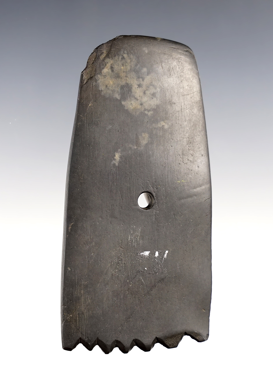 4 1/8" Slate Pendant with a Fringed Bottom, found in Ohio. Ex. Gary Noel collection. COA. 