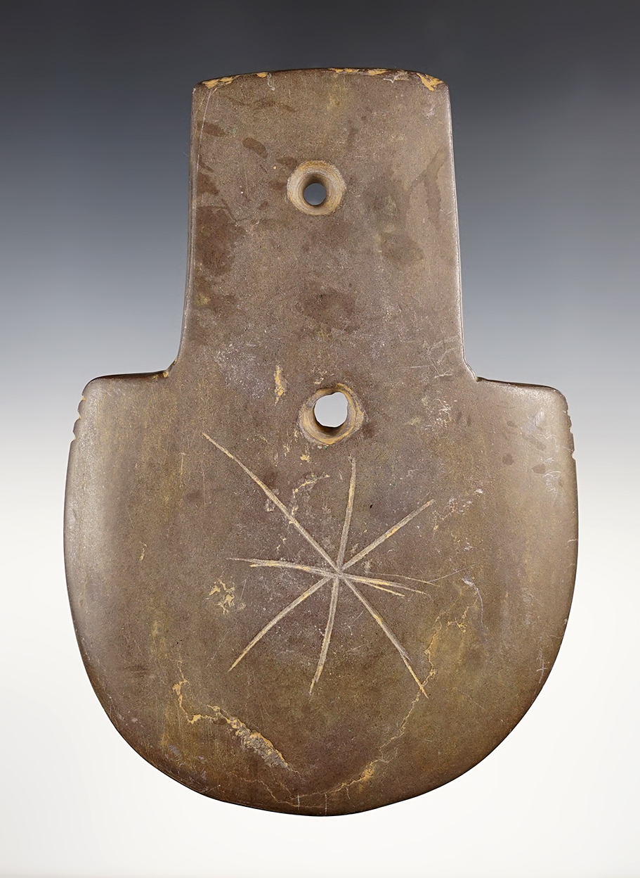 4 13/16" Two Hole Spatulate made from Stone. Found in Heard Co., Georgia. Bennett COA. 