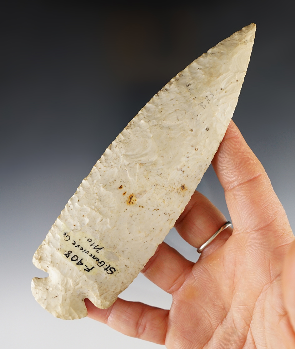 6" Dovetail made from Burlington Chert. Found in St. Genevieve Co., Missouri on July 25, 1965. 