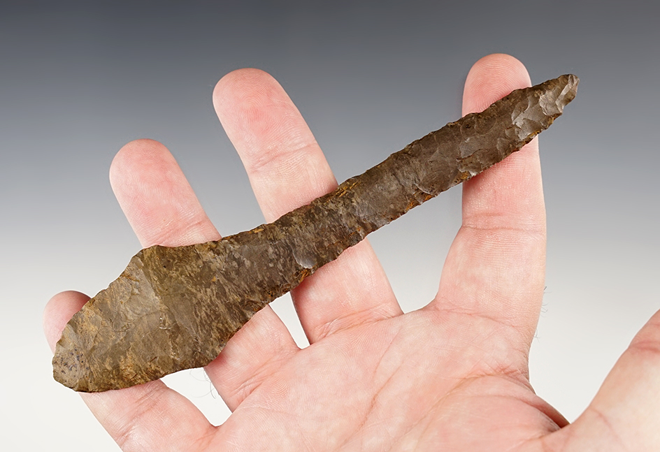 6 1/16" Adena Drill made from Dover Chert. Found in Trigg Co., Kentucky. Bennett COA. 