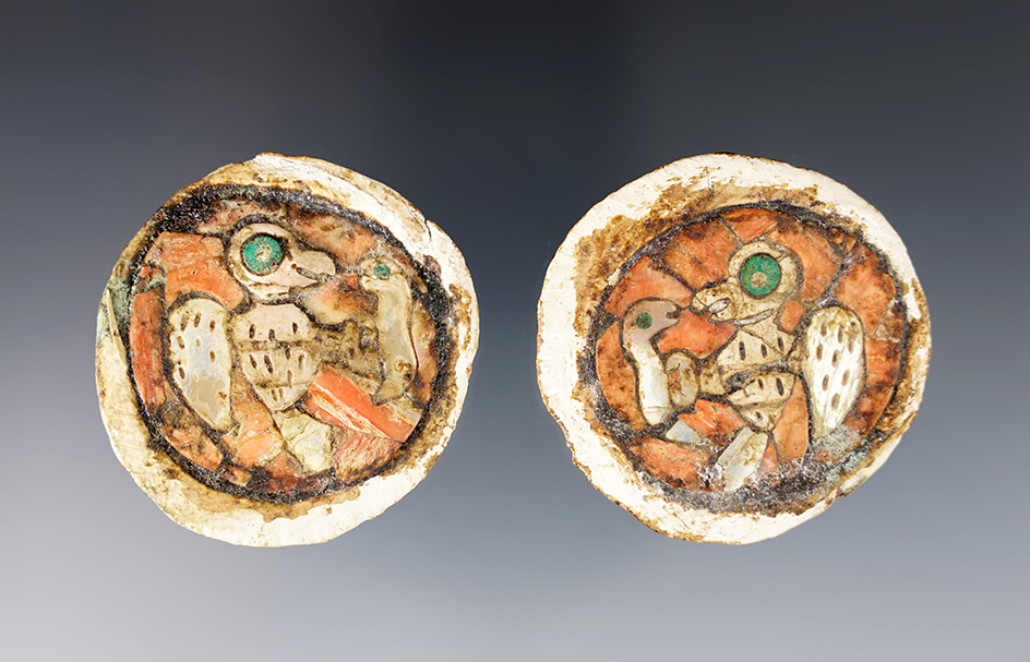 Rare matched set! Pair of beautiful Pre-Columbian Shell Inlaid Drilled Moche Culture Pendants.