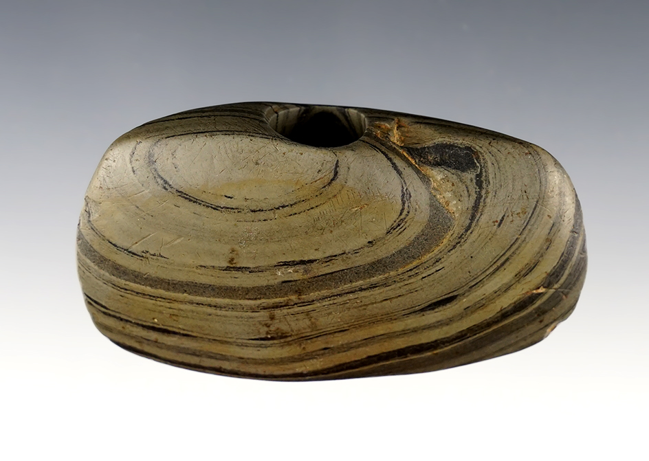  3" x 1 5/8" Banded Slate Bannerstone found in Milan, Missouri. Ex. Steve McCabe collection. 