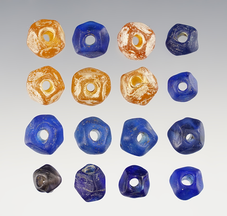 Group of 16 blue and amber Faceted Wire Wounds found in Geneva, New York. 