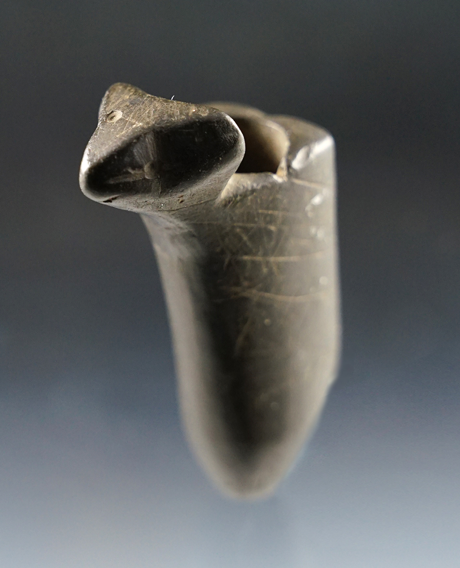 2 1/4" x 5/8" Effigy Pipe made from slate and highly engraved. Found in Mercer Co., Ohio. 