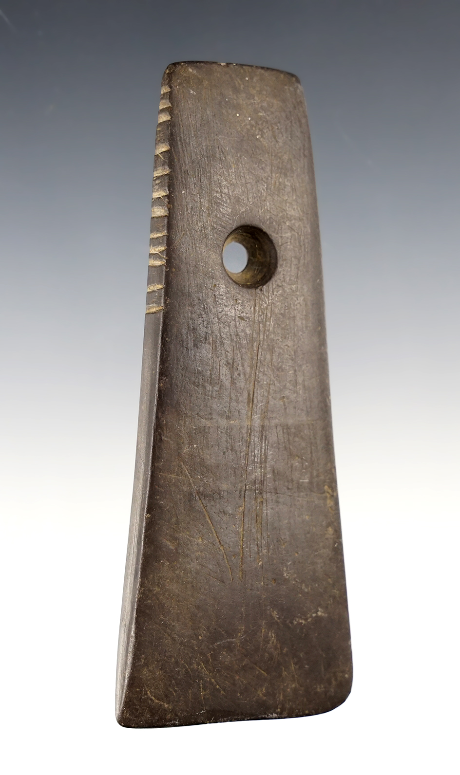 4 7/16" Slate Trapezoidal Pendant with tallies. Found near Genoa, Cayuga Co., New York. 