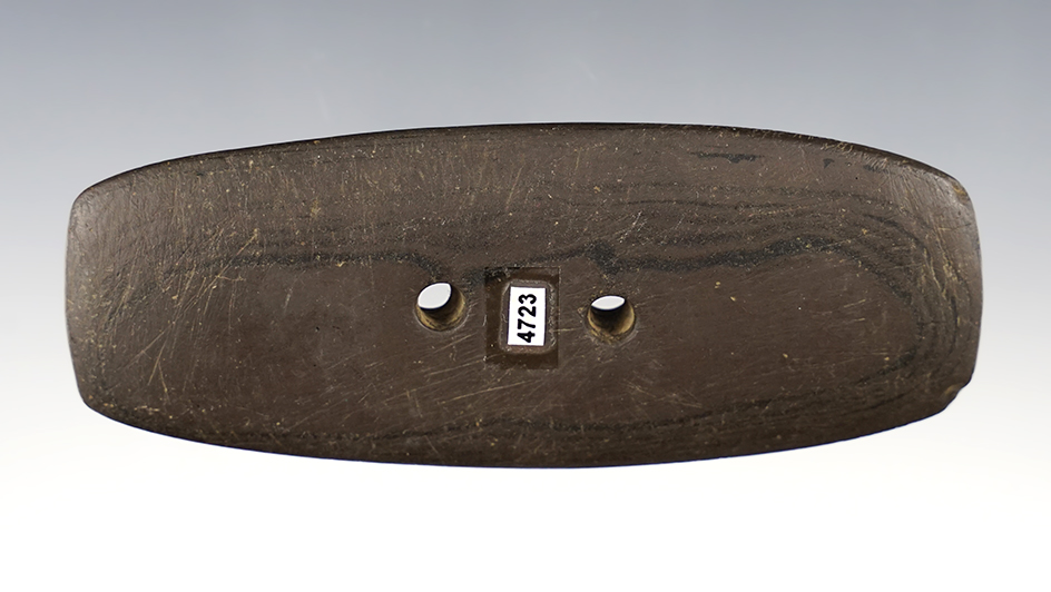 4 1/16" Gorget made from brown and black Banded Slate. Found in Montgomery Co., Ohio. 