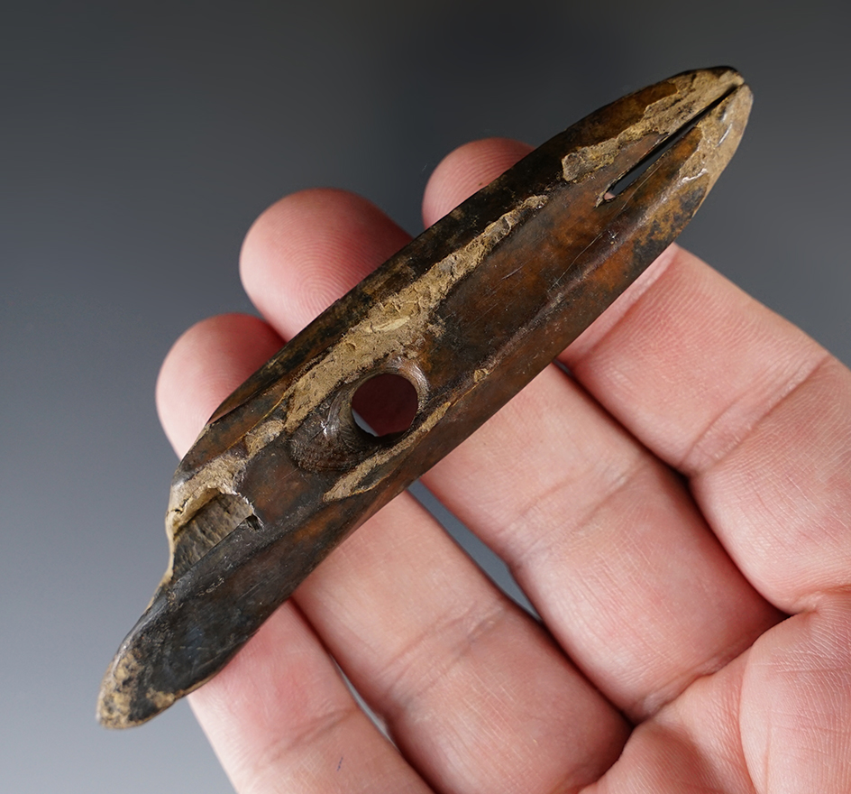 4" Inuit harpoon toggle recovered in Alaska made from very old, heavily patinated ivory.