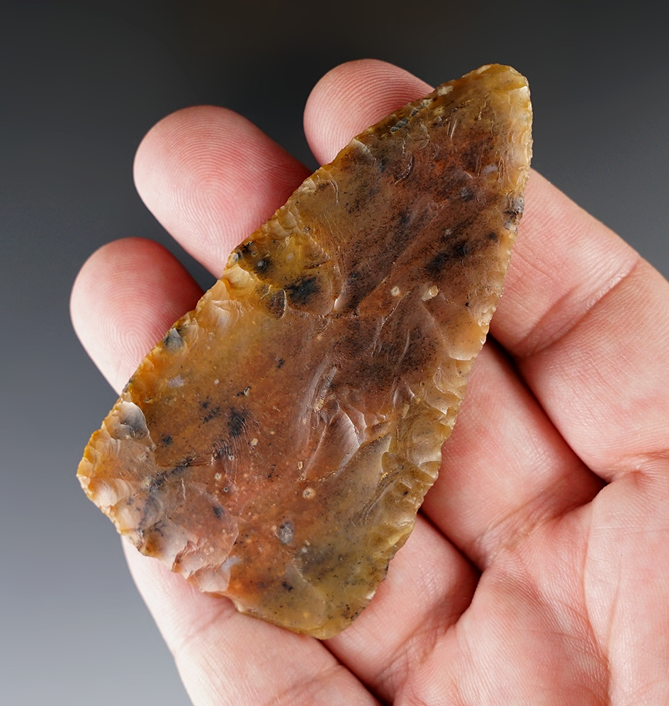 Beautiful flaking, style and material on this 3 1/2" Triangular Knife - dendritic agate - Wyoming.