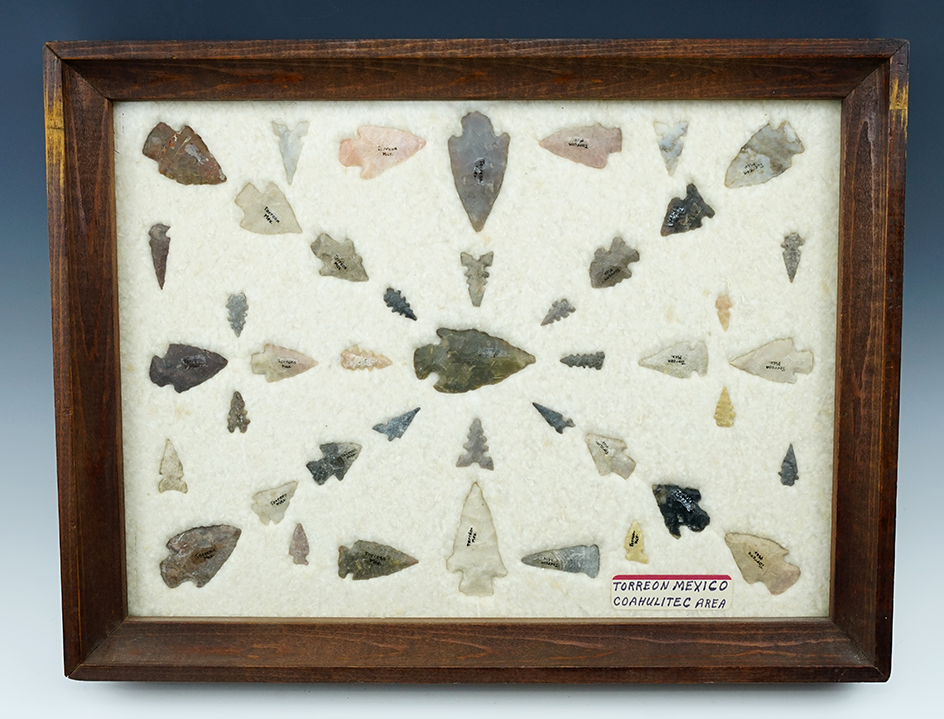 Interesting framed group of approximately 40 arrowheads found in Torreon, Mexico.