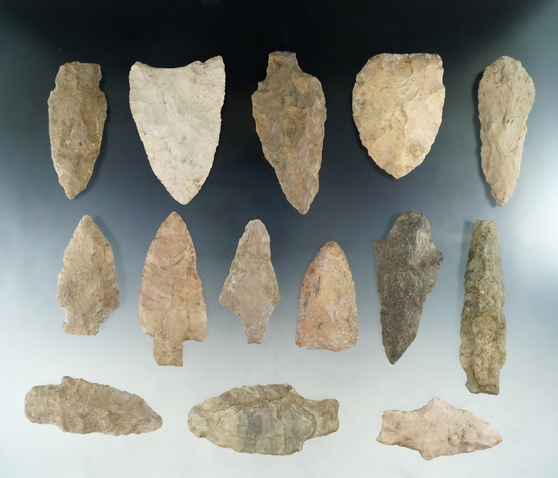 Group of 14 assorted Flint Knives found in New Jersey. Largest is 3 5/8".