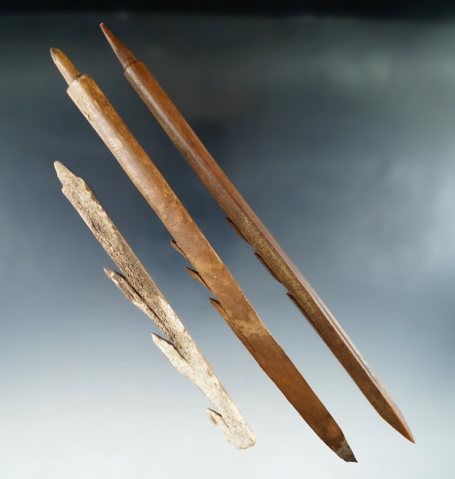 Group of three bone harpoon tips found in Alaska, largest is 8 5/8".