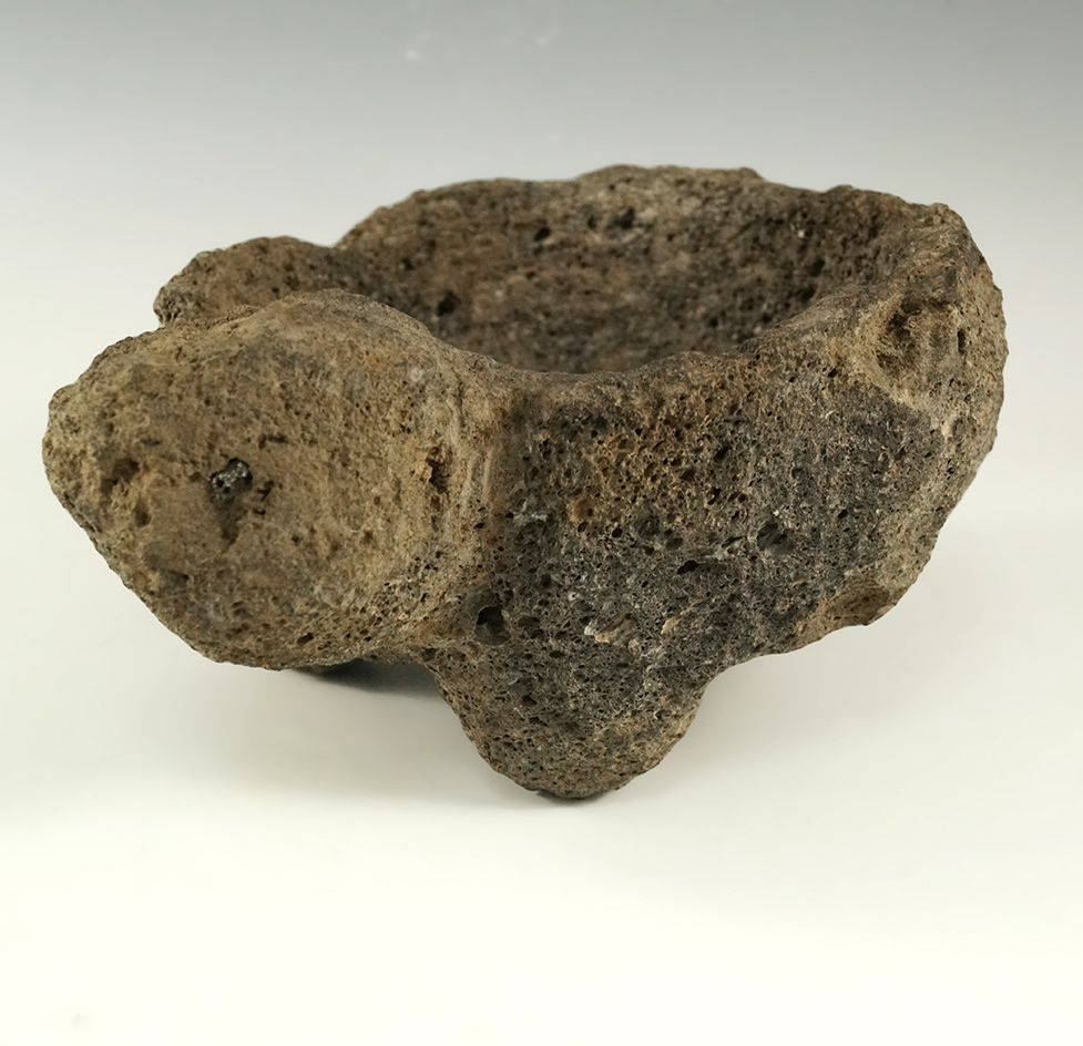 6 5/8" wide by 3" tall tri-leg effigy mortar made from lava stone found in the Southwest