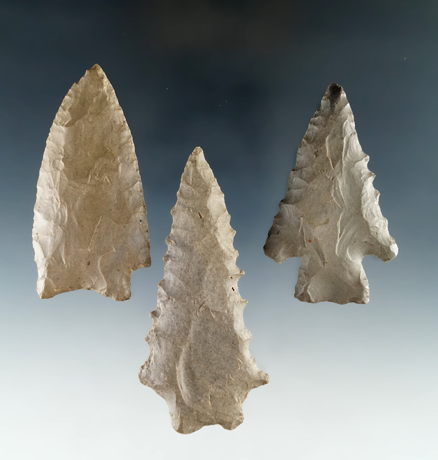 Set of three flaked artifacts found in northwest Alabama, largest is 2 7/8".
