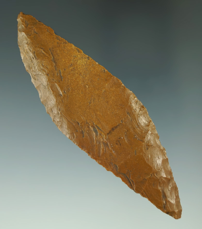 4 1/16" heavily patinated Harahey Four Beveled Knife found in Nance Co.,  Nebraska.