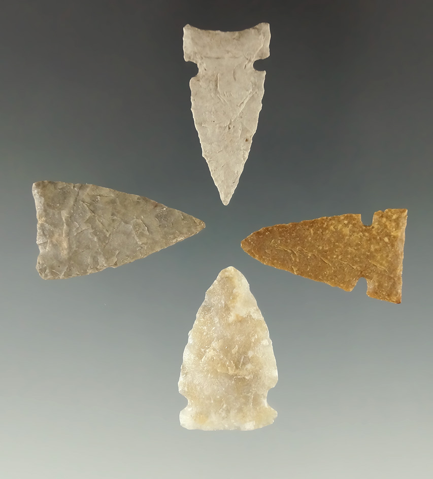 Set of four arrowheads found in the Dakotas, largest is 1 1/8".