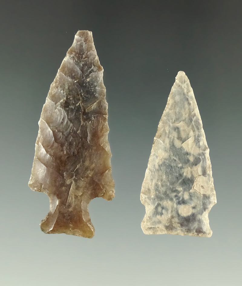 Pair of heavily patinated arrowheads found in North Dakota, largest is 1 7/8".