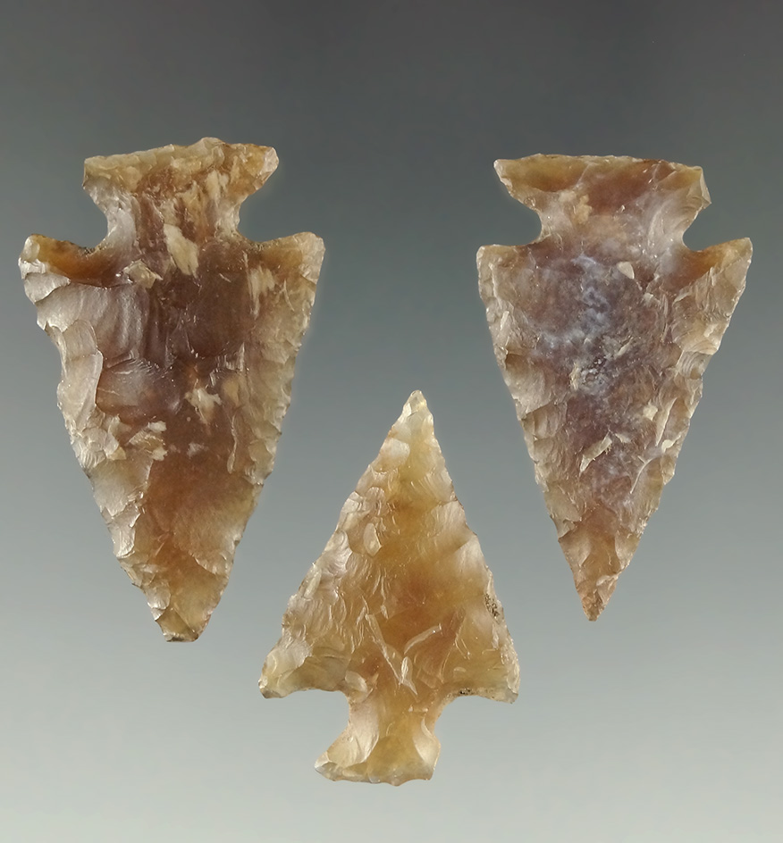 Set of three Knife River Pelican Lake Points, McLean Co., North Dakota. Largest is 1 1/4".