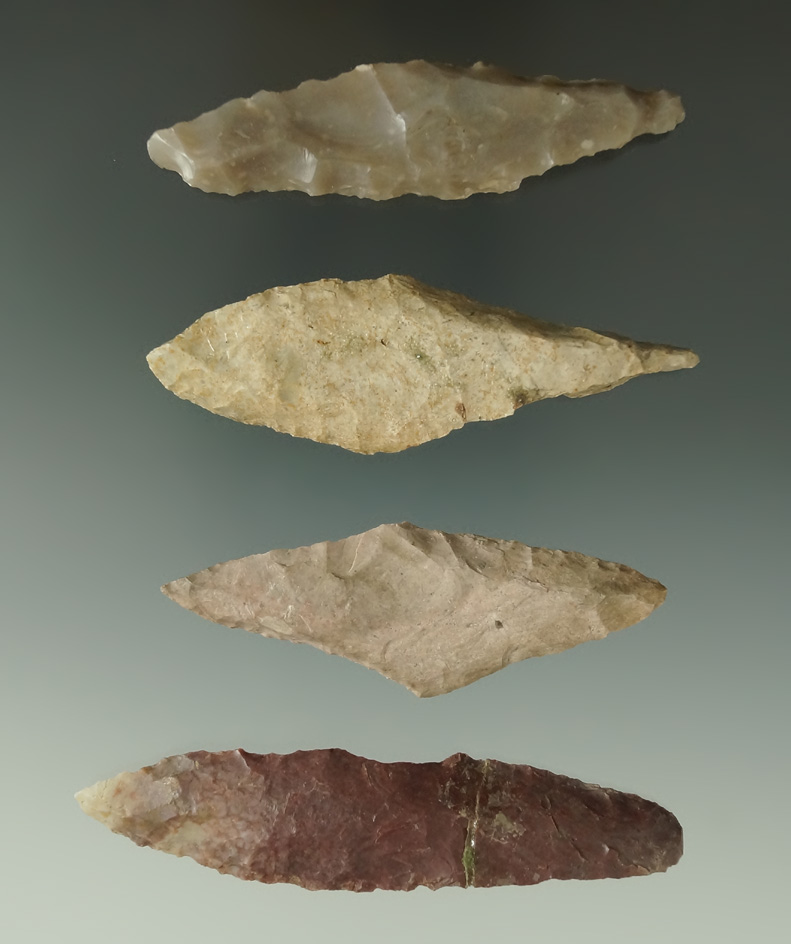 Set of four Harahey Knives, one is broken and glued. Largest is 3 3/8", Kansas area.