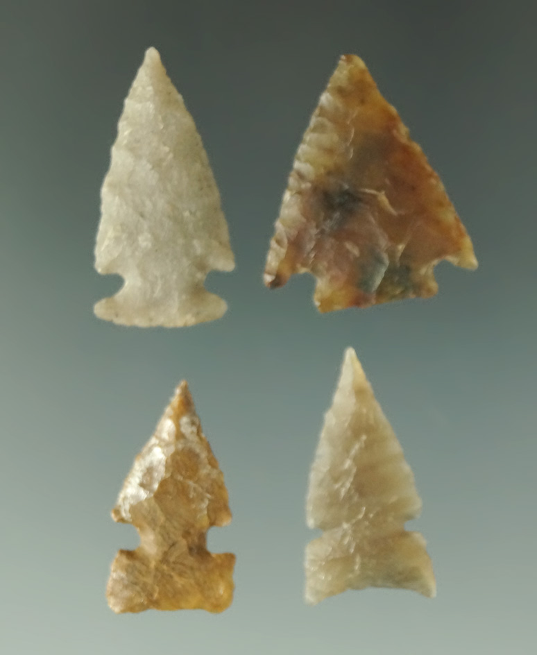 Set of four nice arrowheads found in Colorado by Louis Brunke. Largest is 1 1/16".