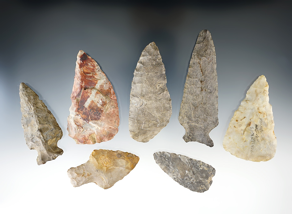 Set of seven points and knives found in Ohio and Pennsylvania. Largest is 3 7/16".