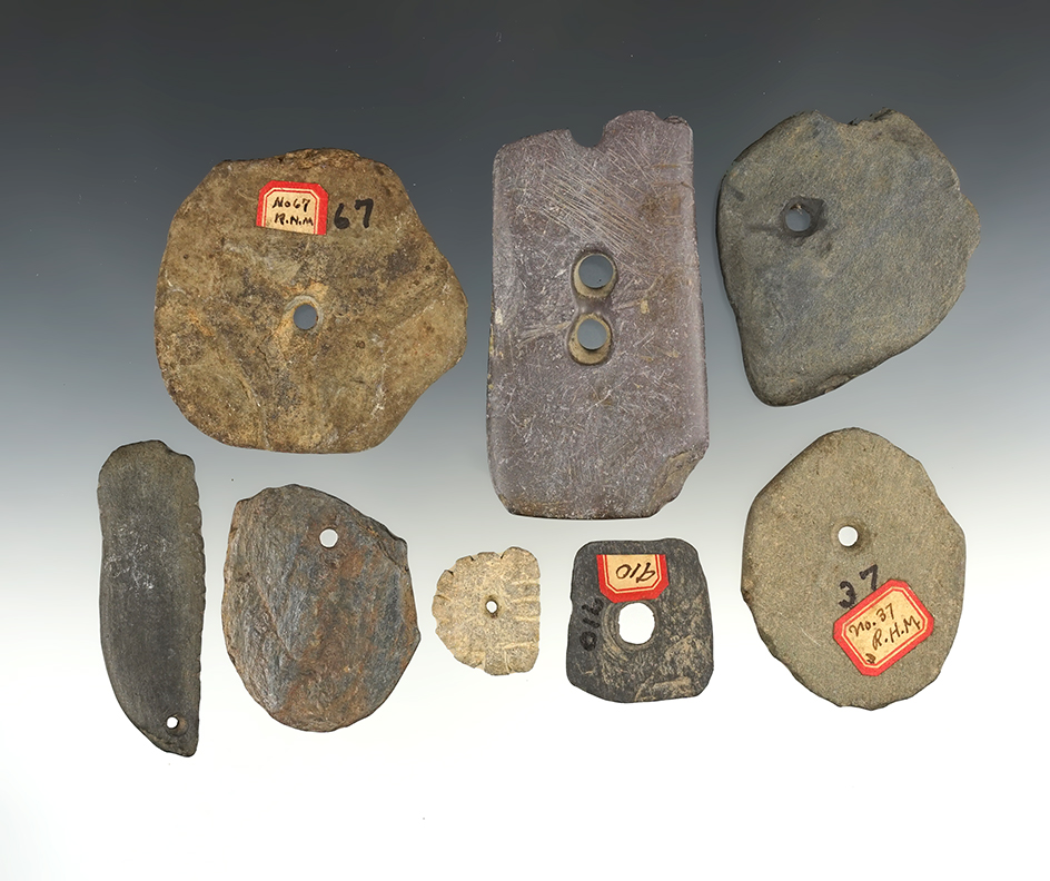 Set of 8 drilled Slate and Hematite artifacts found in the Northeast. Largest is 3 1/4".