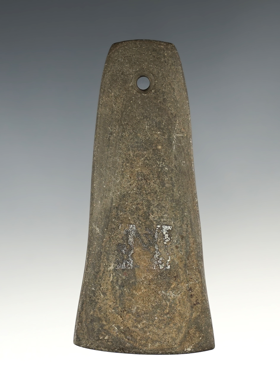 3 1/2" Hopewell Bell Pendant made from Banded Slate. Found in Barry Co., Michigan. Ex. Parks