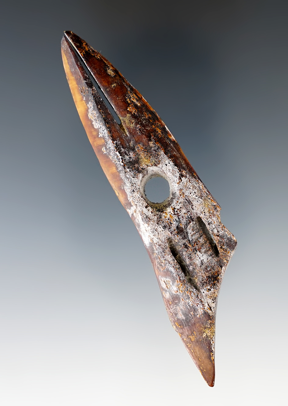 4" Heavily patinated Ivory harpoon toggle found in Alaska.