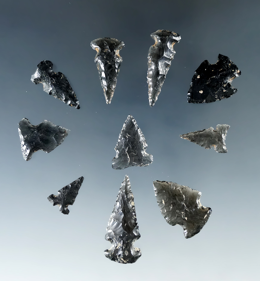 10 assorted obsidian arrowheads, found by R. N. Johnson in Sandoval Co., New Mexico.