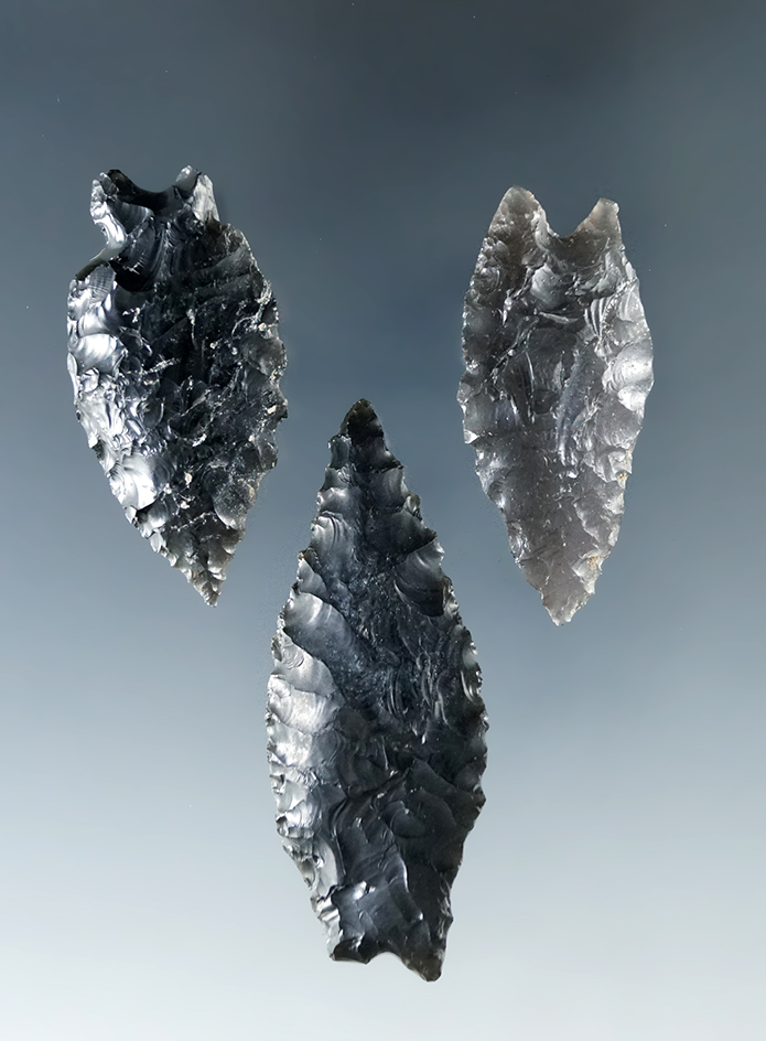 Set of three Humboldt points found in Humboldt Co., Nevada made from obsidian.
