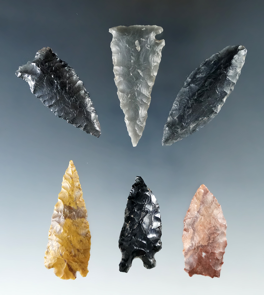 Set of six nice arrowheads found in Humboldt Co., Nevada, largest is 1 7/8".