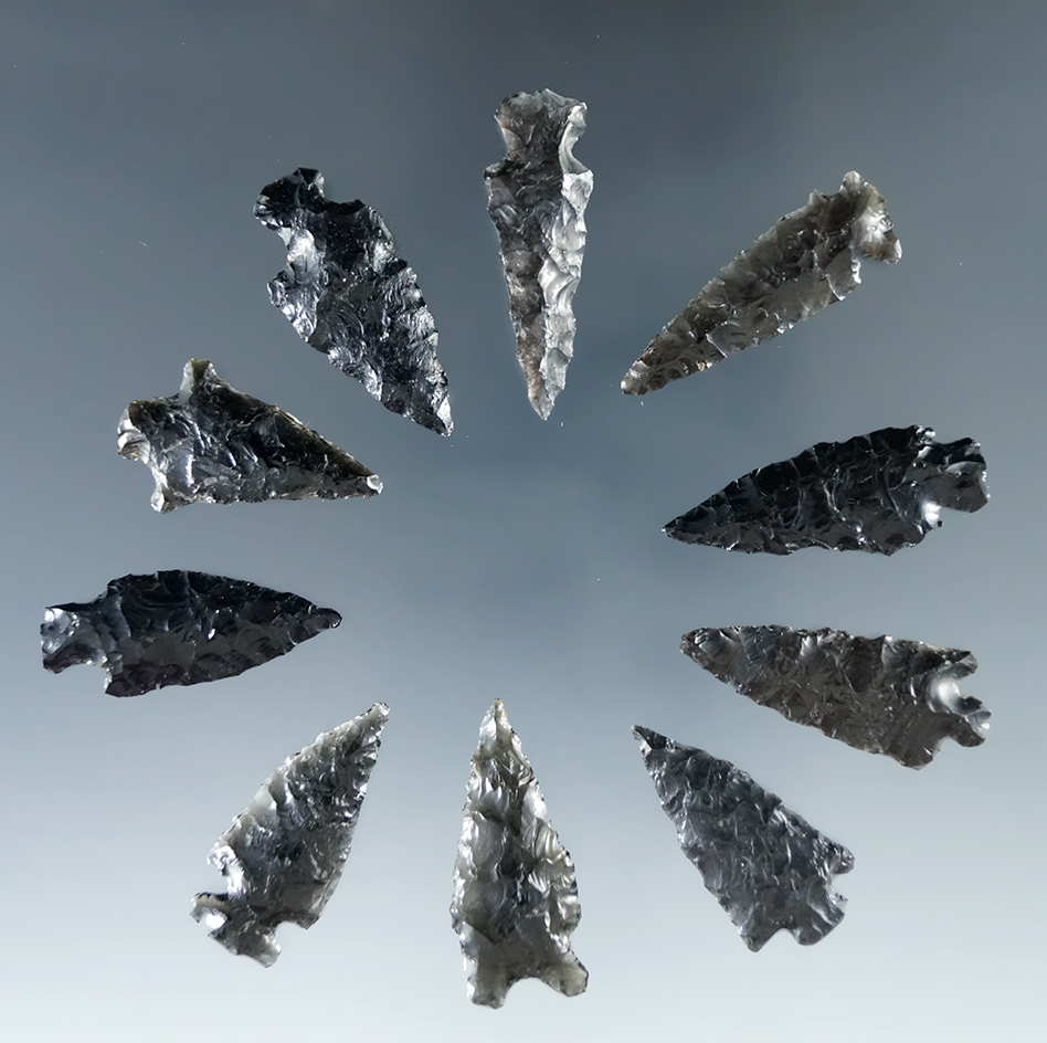 Set of 10 assorted arrowheads found in Humboldt Co., Nevada. Largest is 1 1/16".