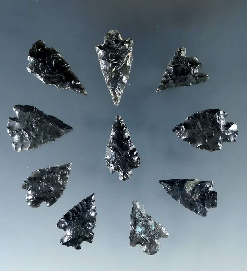Set of 10 assorted arrowheads found in Humboldt Co., Nevada. 13/16".