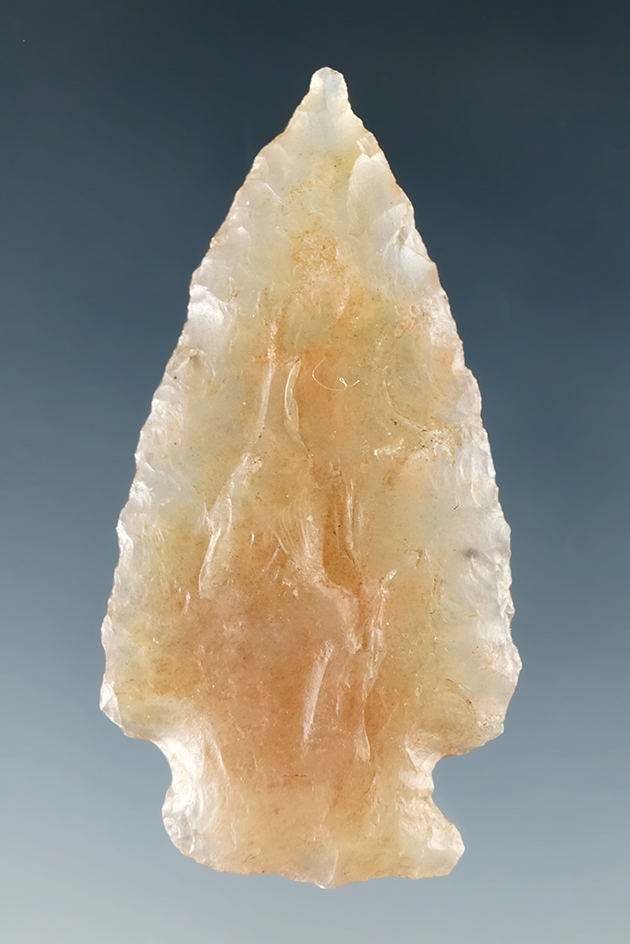 Highly translucent 1 13/16" agate Cornernotch point found in Colorado.