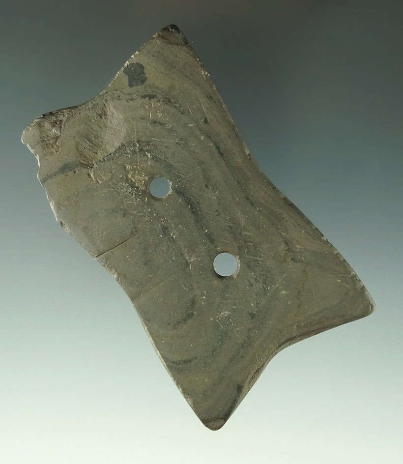 3 5/16" Quadriconcave Gorget found in the Lakewood Park Cemetery, Cuyahoga Co., Ohio.